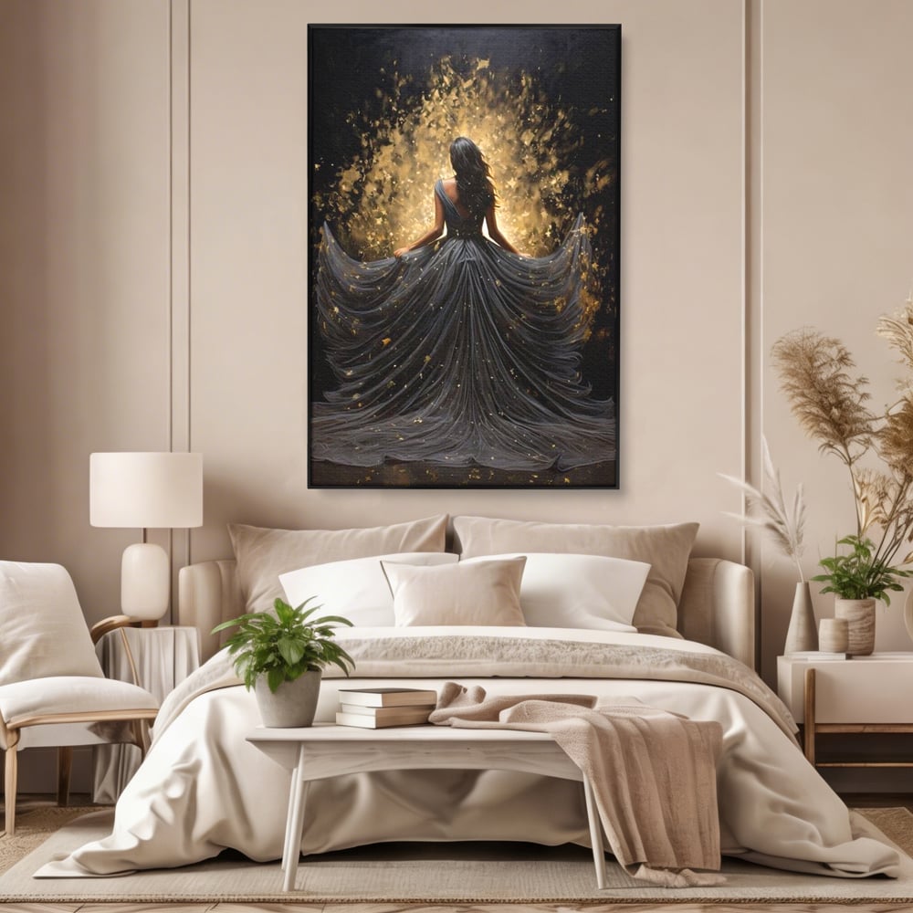 Tablou canvas cu ilustratie digitala cu silueta feminina, in rama de aluminiu negru, pe perete intr-un dormitor